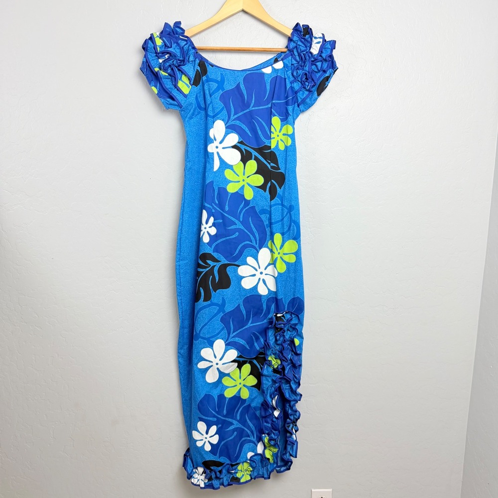 Royal Creations Hawaiian Maxi Dress Blue Floral Ruffle Sleeve Made in Hawaii M